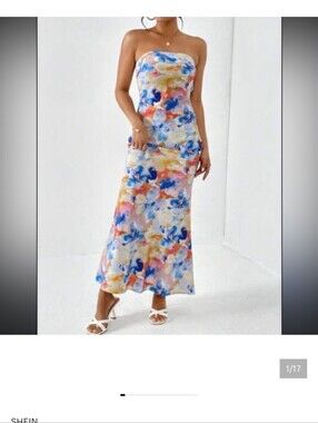 Shein blue floral tropical midi sleeveless strapless dress size L